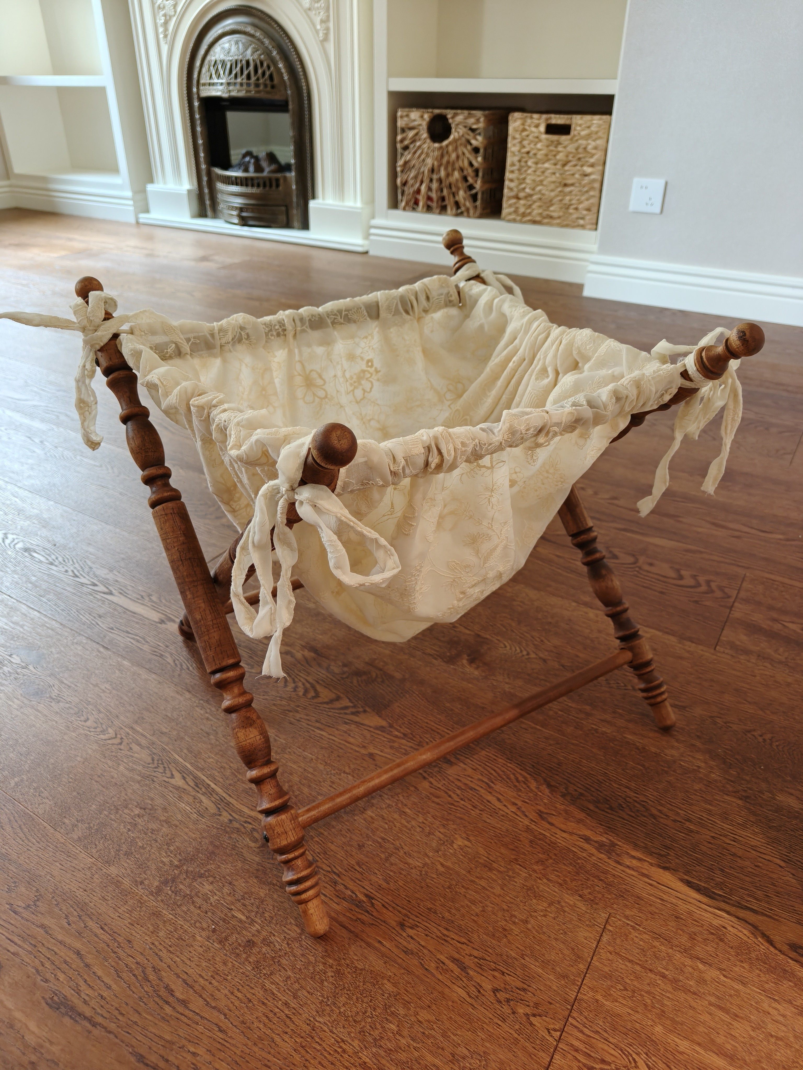 wooden storage basket for pet toys in a customer's home - Vintage French Fabric Pet Storage Hamper